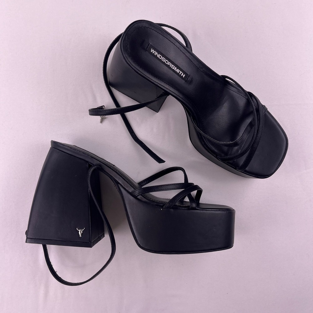 Windsor Smith Heaven Black Leather Strappy Platform Block Heel Sandals Size 8